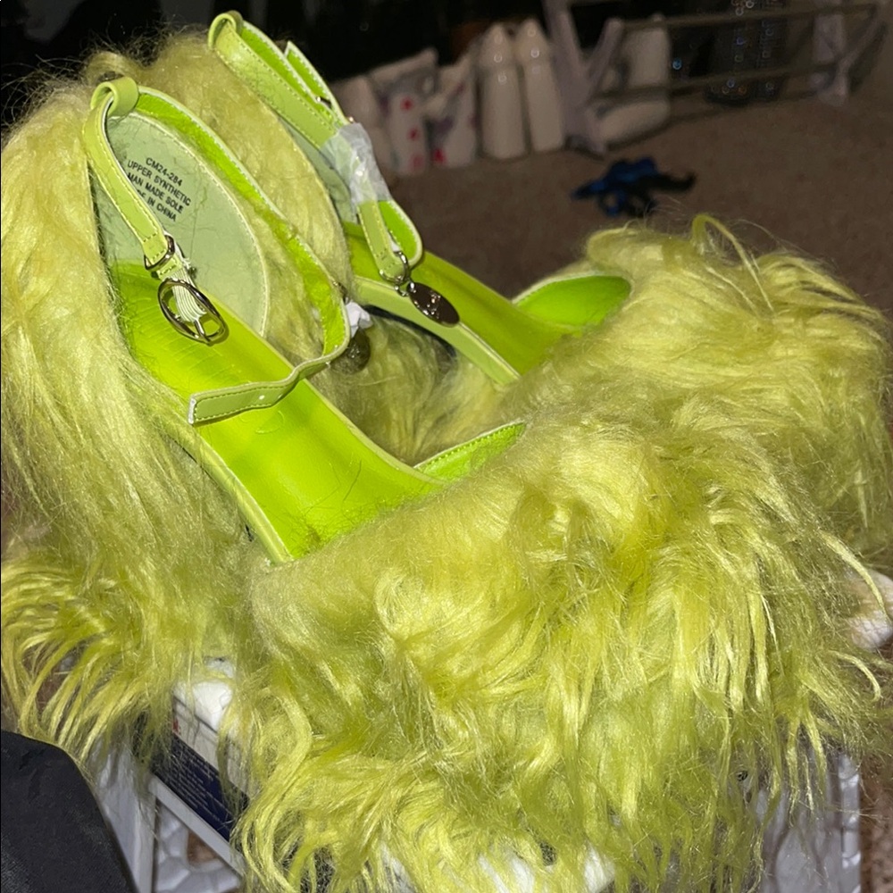 Brand new current mood Lime Green Faux Fur Platform Heels